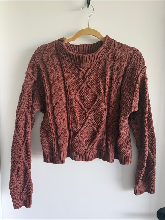 Quince Sweaters - Quince Rust Cropped Cable Knit Crewneck Sweater